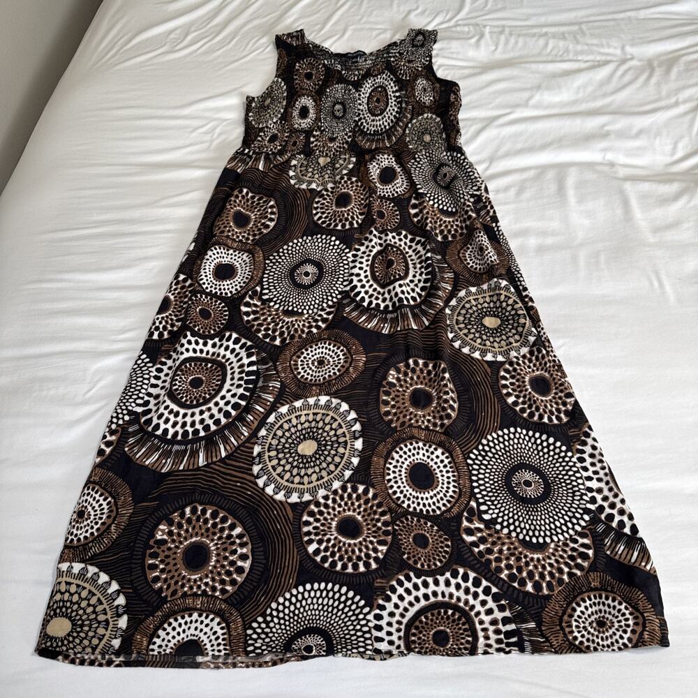 Notations Dress Womens L Midi Sleeveless Neutral Geometric Smocked Lightweight